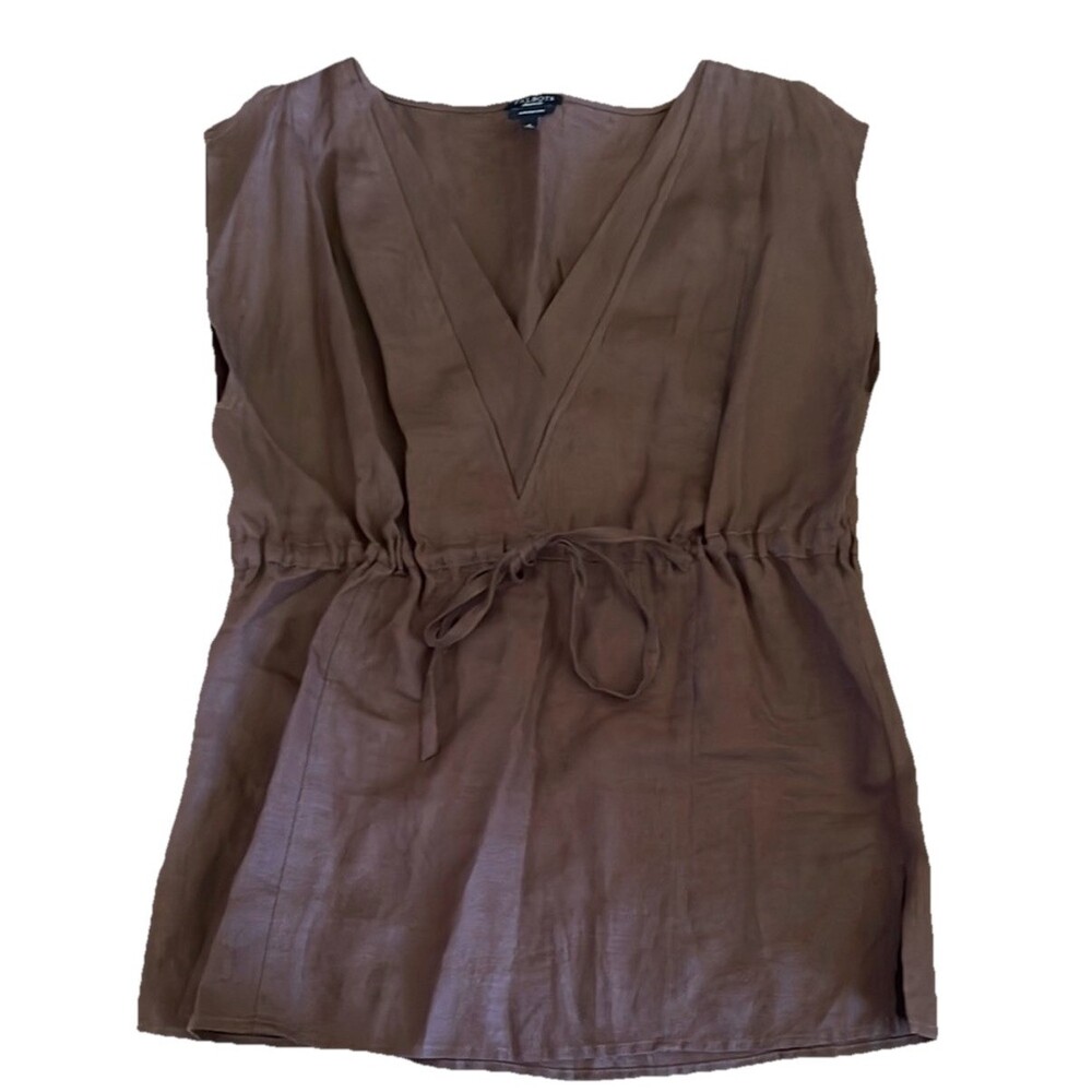 Talbots Irish Linen Brown Tunic Blouse Size 6 Drawstring Waist Minimalist Boho